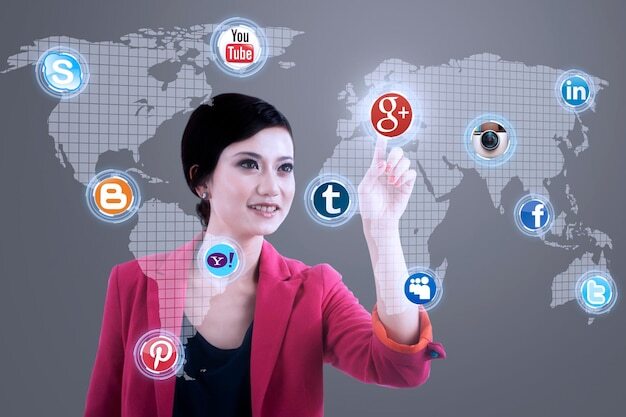 Businesswoman connects to social network