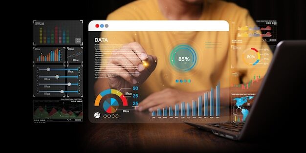 Data analyst working on business analytics dashboard with charts with kpi and metrics connected to the database for technology finance operations sales marketing