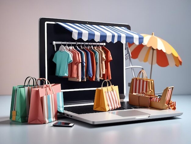 Photo online shopping advertising concept for internet clothing store open laptop with striped canopy